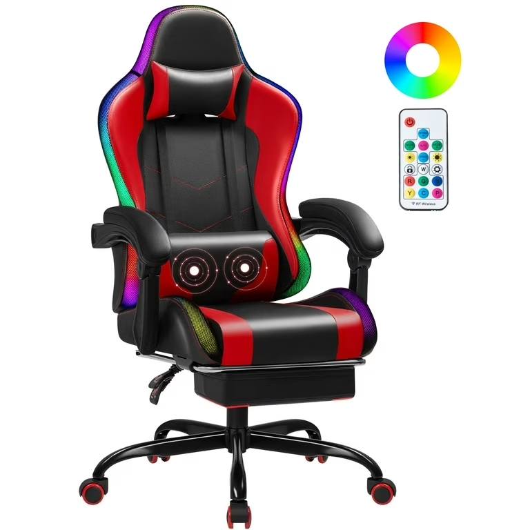 Gaming Chair with Footrest, Massage & RGB Lights